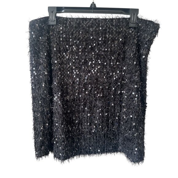 NWT Loft Black Fuzzy Fringe Sequin Lined Side Zip Mini Skirt Size 14 Reg. $79 - Picture 1 of 11